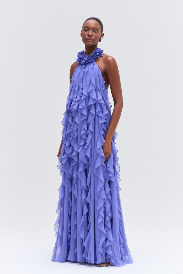 patbo SILK PLISSE LONG DRESS HALTERNECK FLORAL COLLAR