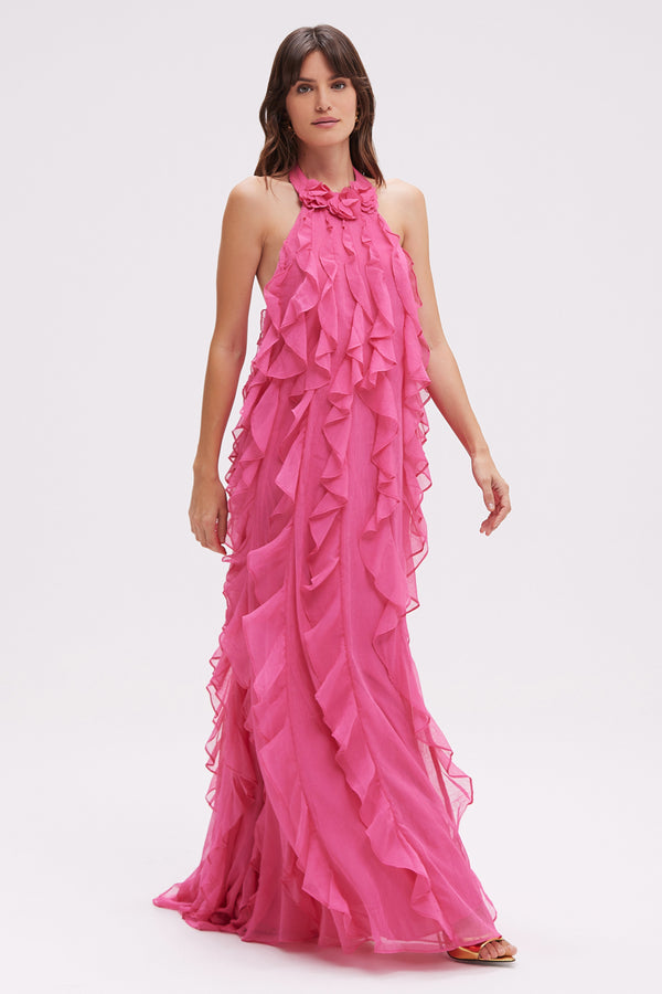 patbo SILK PLISSE LONG DRESS HALTERNECK FLORAL COLLAR