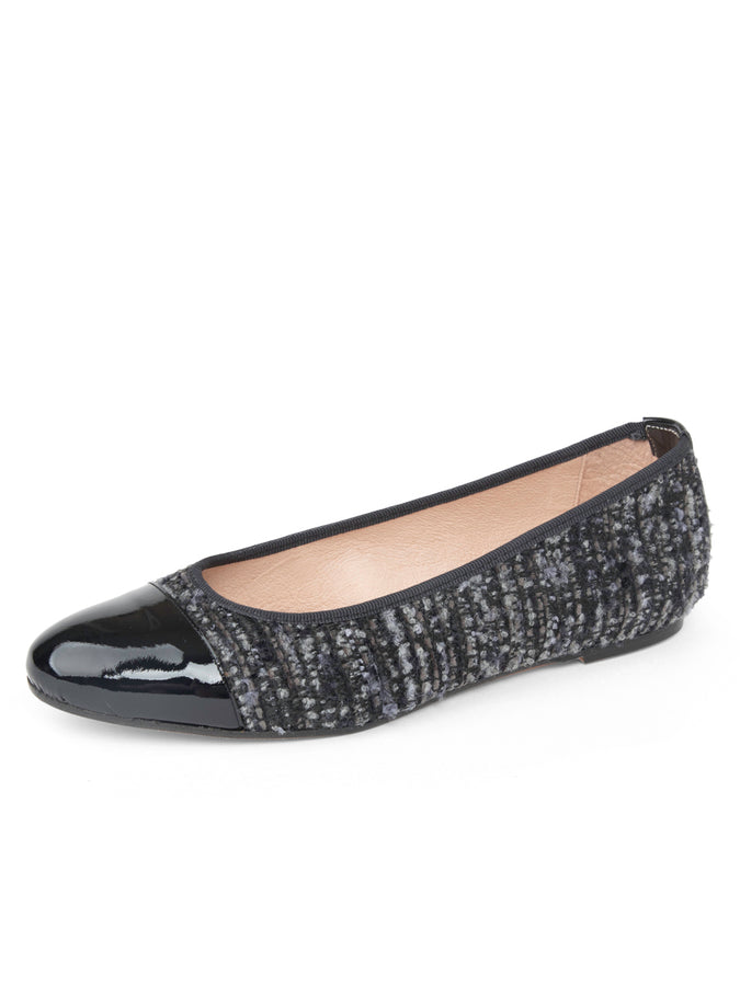 patricia green Patricia Green Women’s Adele Cap Toe Ballet Flat in Black/Grey/Navy Tweed/Black Patent