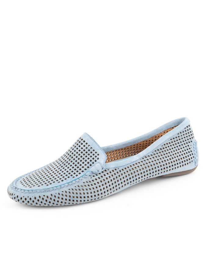 patricia green Patricia Green Women’s Barrie Perforated Driving Moccasin in French Blue Suede