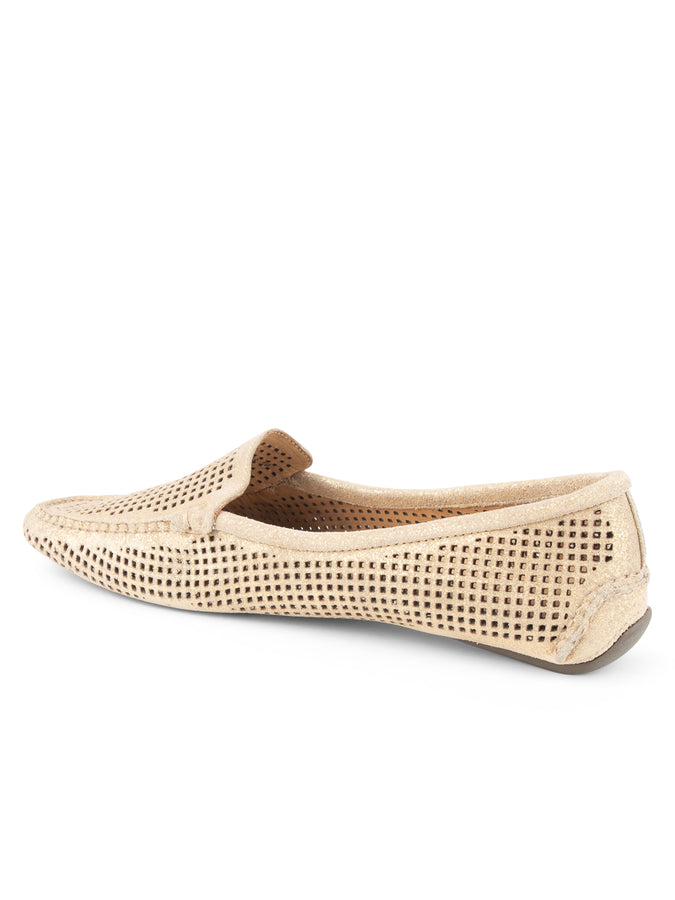 Patricia Green Patricia Green Women’s Barrie Perforated Driving Moccasin In Gold Suede