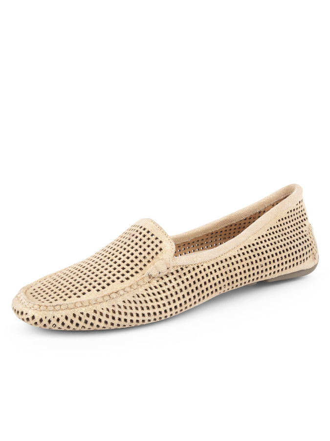 patricia green Patricia Green Women’s Barrie Perforated Driving Moccasin in Gold Suede