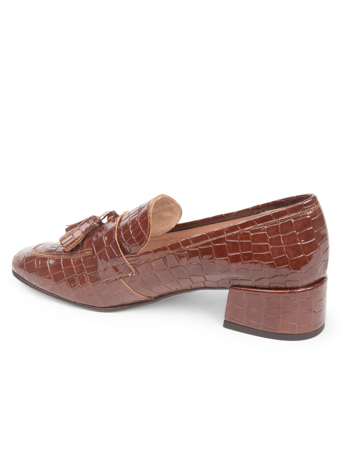 Patricia Green Patricia Green Women’s Beckham Block Heel Tassel Loafer In Cognac Patent Croc