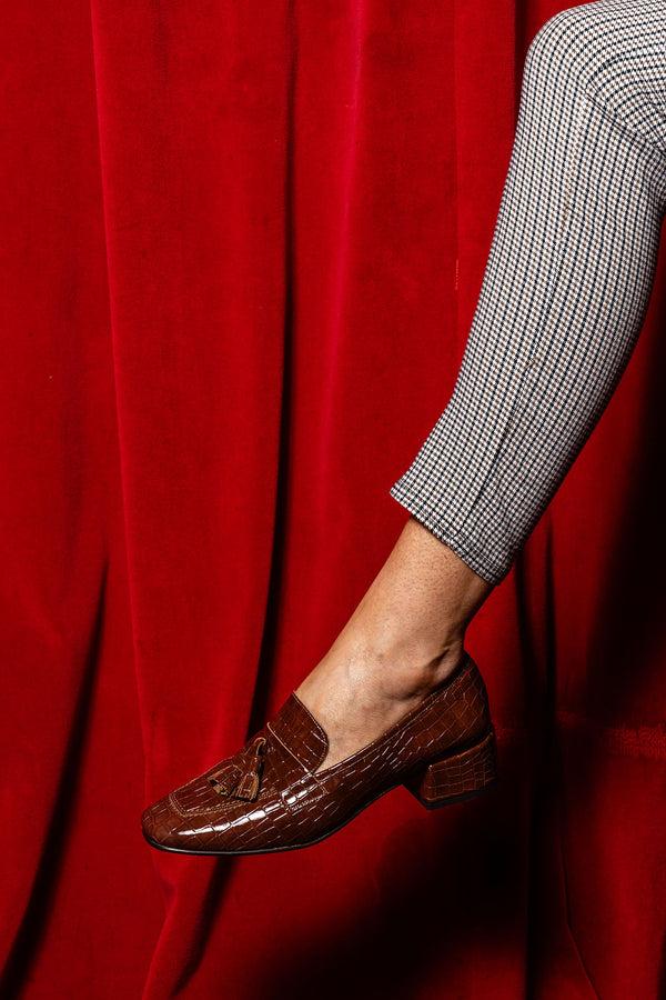 Patricia Green Patricia Green Women’s Beckham Block Heel Tassel Loafer In Cognac Patent Croc