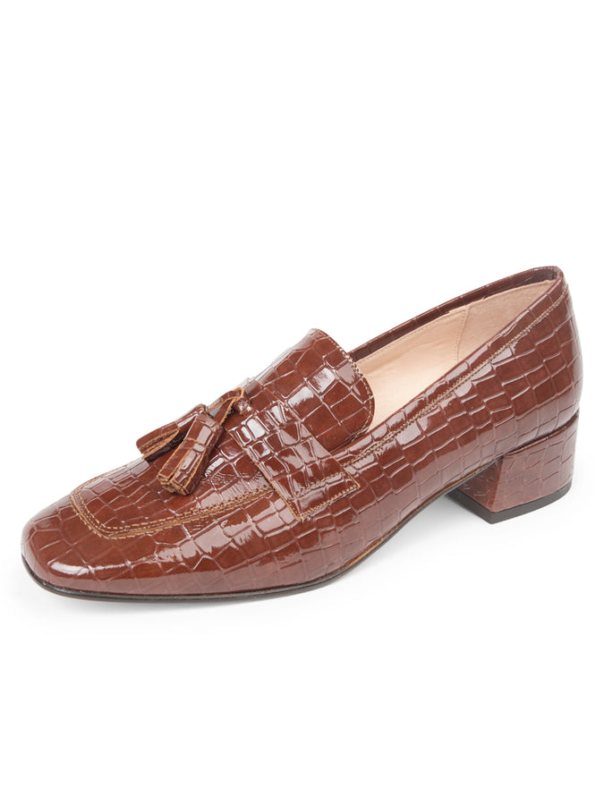 patricia green Patricia Green Women’s Beckham Block Heel Tassel Loafer in Cognac Patent Croc