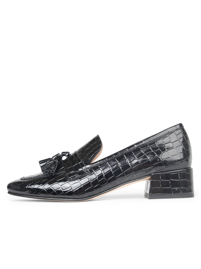 Patricia Green Patricia Green Women’s Beckham Block Heel Tassel Loafer In Black Patent Croc