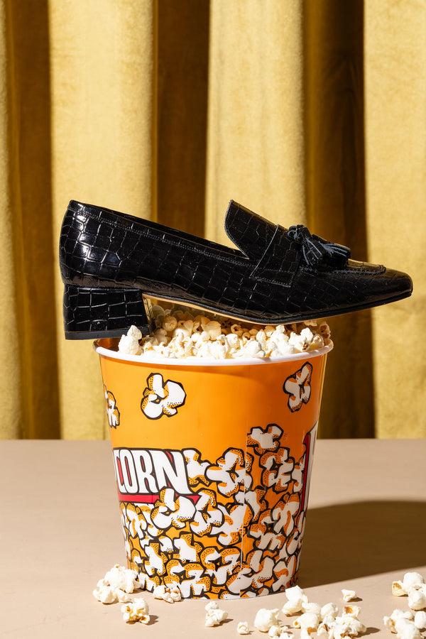 Patricia Green Patricia Green Women’s Beckham Block Heel Tassel Loafer In Black Patent Croc