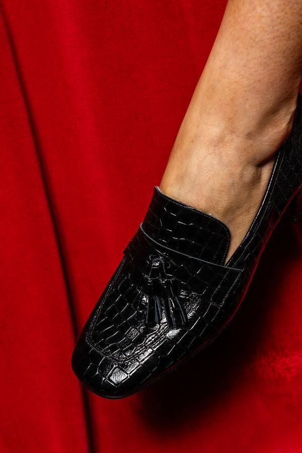 Patricia Green Patricia Green Women’s Beckham Block Heel Tassel Loafer In Black Patent Croc