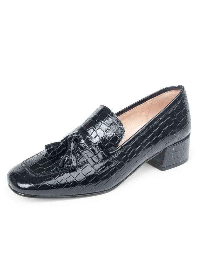 patricia green Patricia Green Women’s Beckham Block Heel Tassel Loafer in Black Patent Croc