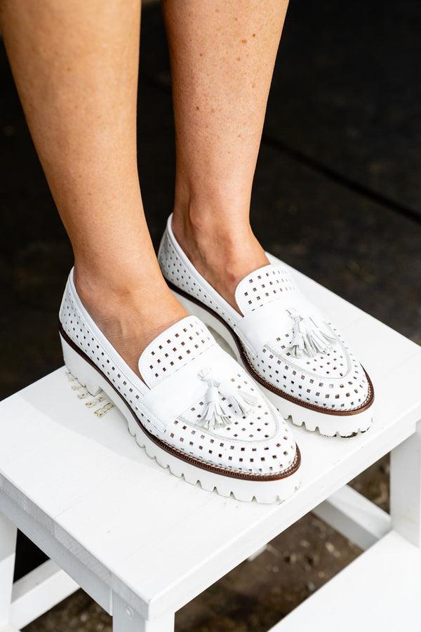 Patricia Green Patricia Green Women’s Beckham Tassel Lug Loafer In White Perforated