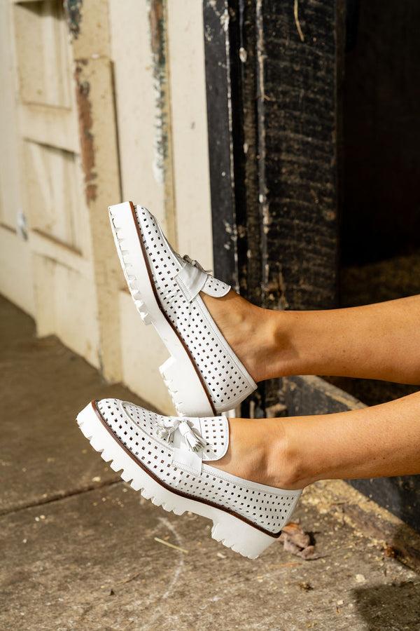 Patricia Green Patricia Green Women’s Beckham Tassel Lug Loafer In White Perforated