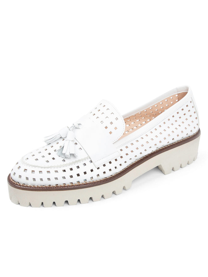 patricia green Patricia Green Women’s Beckham Tassel Lug Loafer in White Perforated