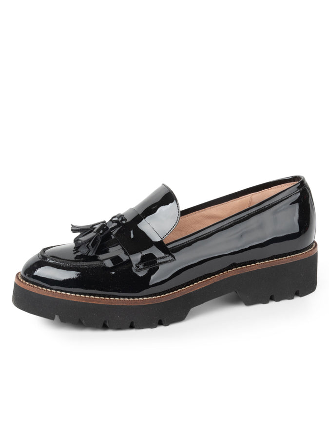 patricia green Patricia Green Women’s Beckham Tassel Lug Loafer in Black Patent