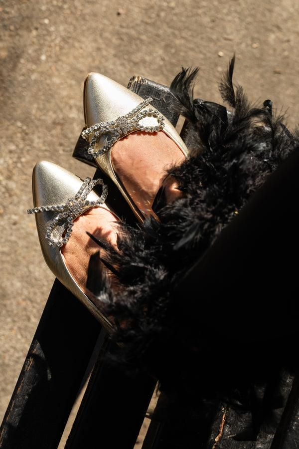 Patricia Green Patricia Green Women’s Bella Crystal Bow Flat In Gold Leather