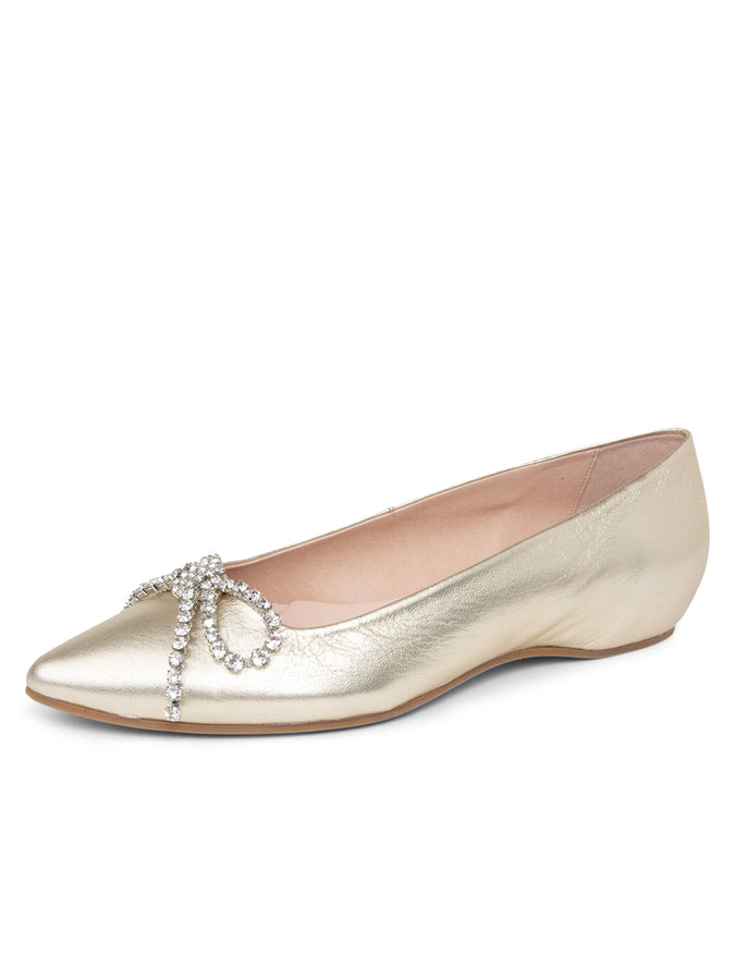 patricia green Patricia Green Women’s Bella Crystal Bow Flat in Gold Leather