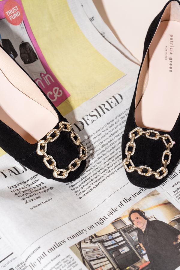 Patricia Green Patricia Green Women’s Celine Chain Link Embellished Flat In Black Suede