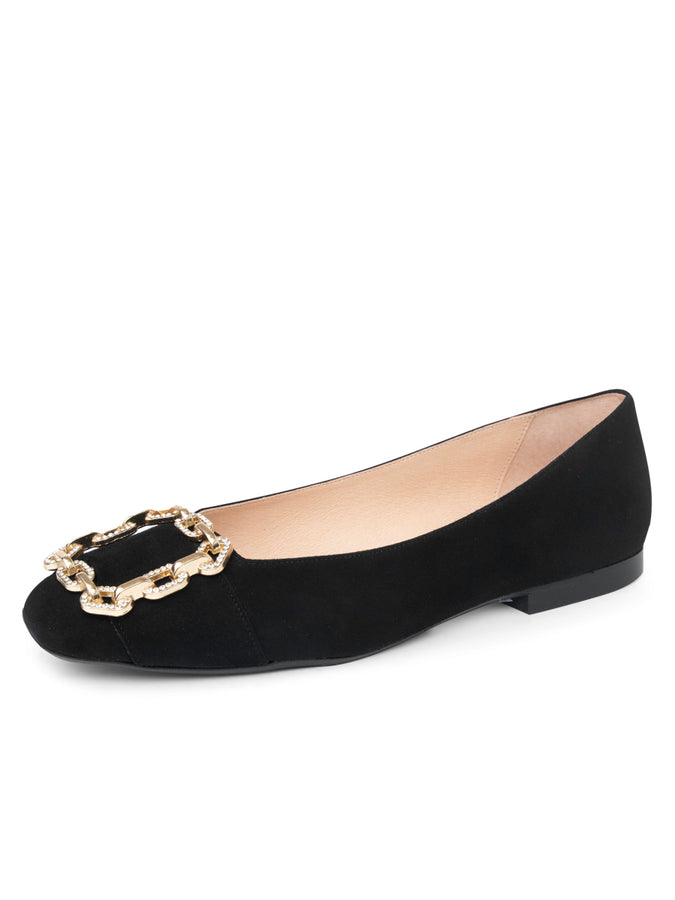 patricia green Patricia Green Women’s Celine Chain Link Embellished Flat in Black Suede