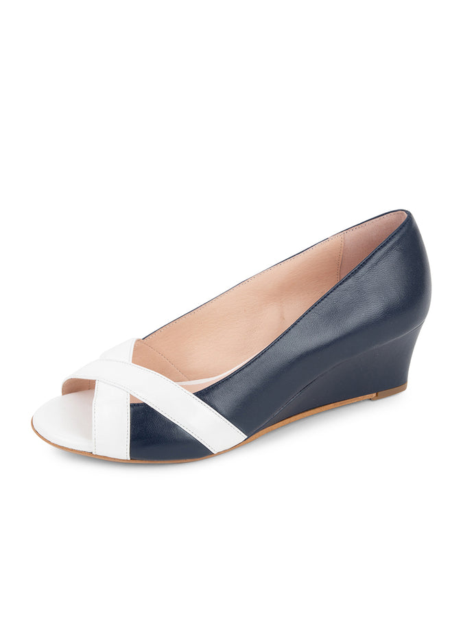 patricia green Patricia Green Women’s Como Peep Toe Wedge in Navy/White