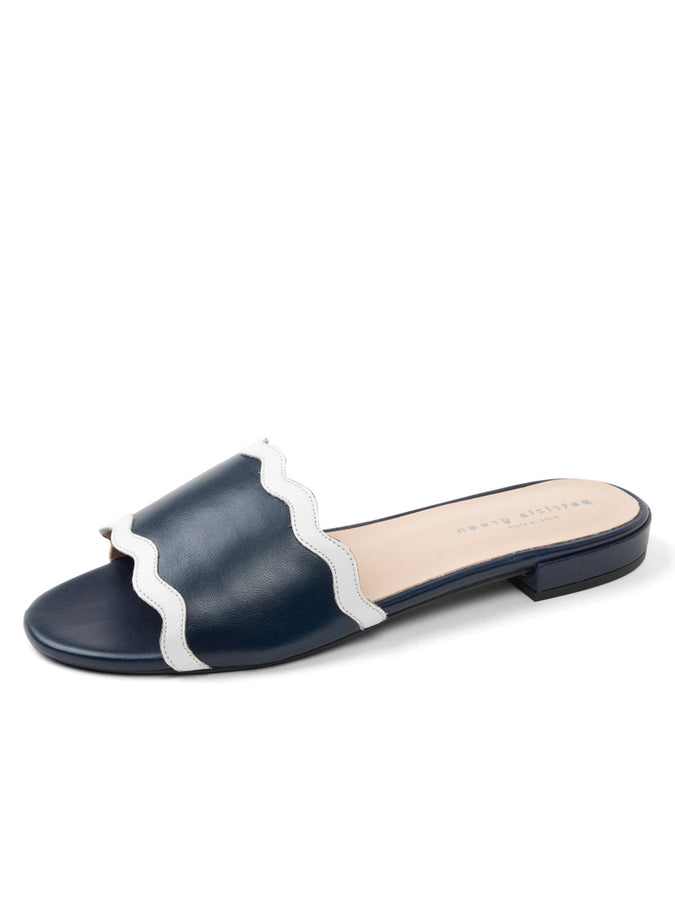 patricia green Patricia Green Women’s Emma Scalloped Flat Sandal in Navy/White Leather