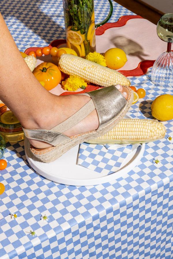 Patricia Green Patricia Green Women’s Gracie Peep Toe Elastic Espadrille In Gold Leather