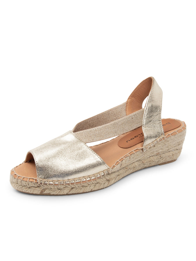 patricia green Patricia Green Women’s Gracie Peep Toe Elastic Espadrille in Gold Leather