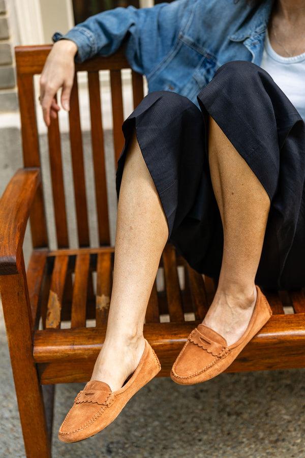 Patricia Green Patricia Green Women’s Janet Scalloped Penny Loafer Driving Shoe In Cognac Suede