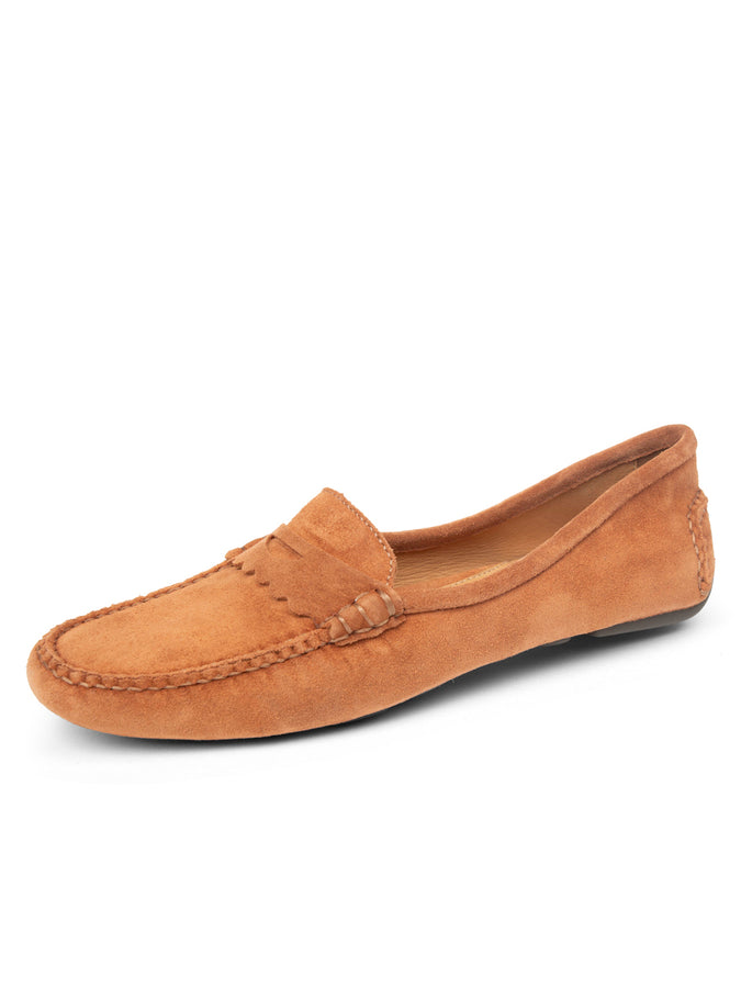 patricia green Patricia Green Women’s Janet Scalloped Penny Loafer Driving Shoe in Cognac Suede