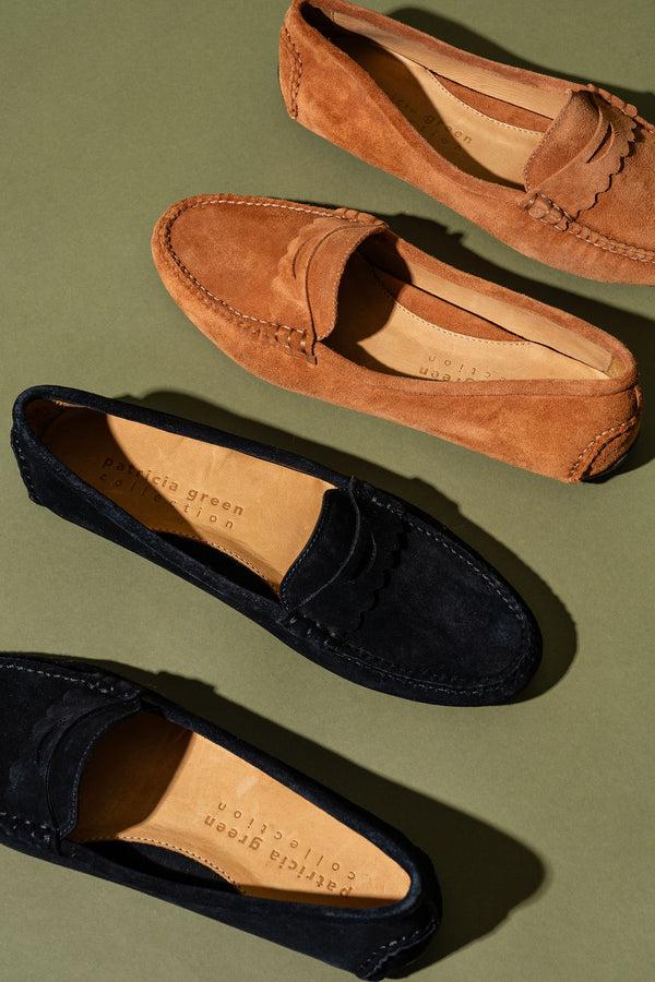 Patricia Green Patricia Green Women’s Janet Scalloped Penny Loafer Driving Shoe In Black Suede