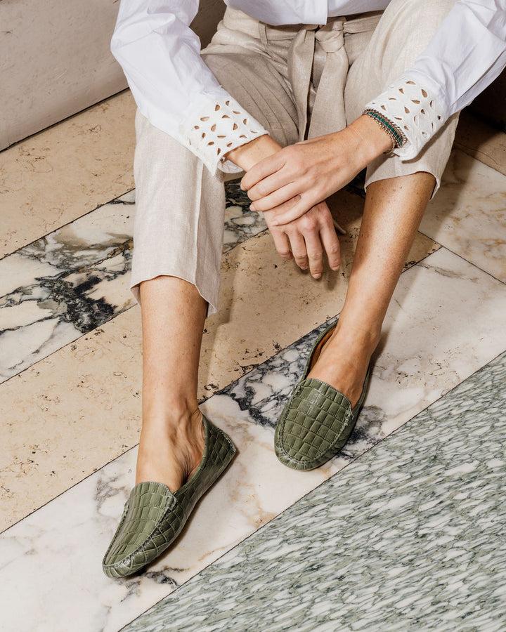 Patricia Green Patricia Green Women’s Jillian Driving Moccasin In Crocodile In Olive Crocodile