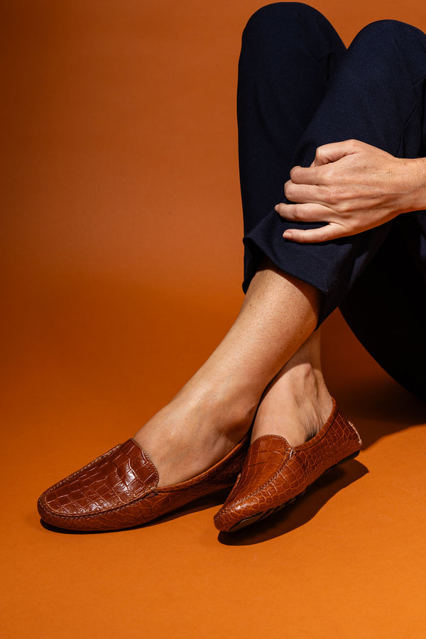 Patricia Green Patricia Green Women’s Jillian Driving Moccasin In Crocodile In Cognac Crocodile