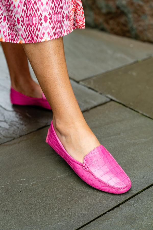 Patricia Green Patricia Green Women’s Jillian Driving Moccasin In Crocodile In Hot Pink Crocodile