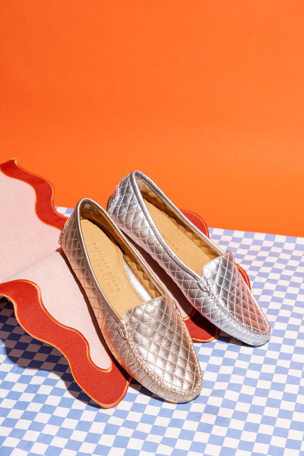 Patricia Green Patricia Green Women’s Jillian Quilted Driving Moccasin In Silver Leather