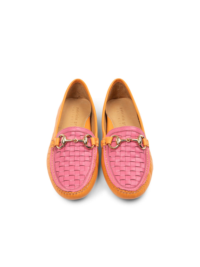 Patricia Green Patricia Green Women’s Kim Horsebit Woven Driver In Orange/Hot Pink Leather