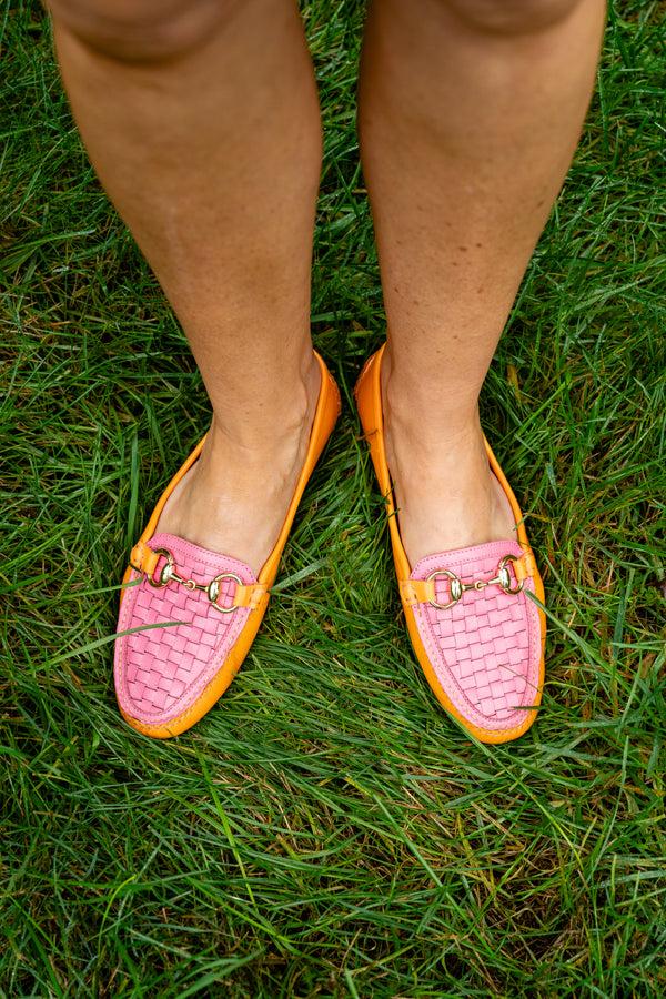 Patricia Green Patricia Green Women’s Kim Horsebit Woven Driver In Orange/Hot Pink Leather