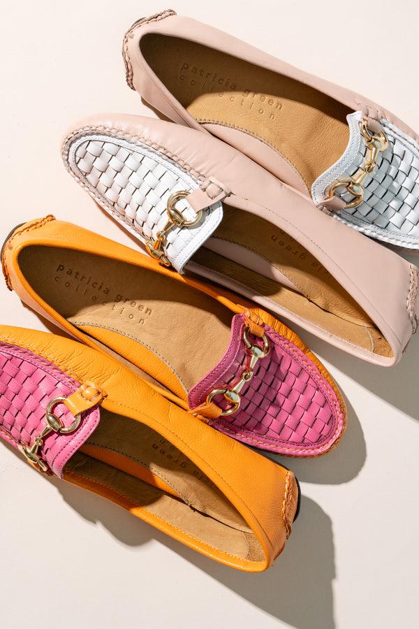 Patricia Green Patricia Green Women’s Kim Horsebit Woven Driver In Orange/Hot Pink Leather