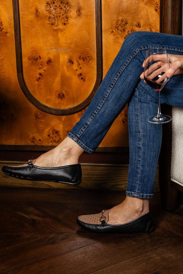 Patricia Green Patricia Green Women’s Kim Horsebit Woven Driver In Nude/Black Leather