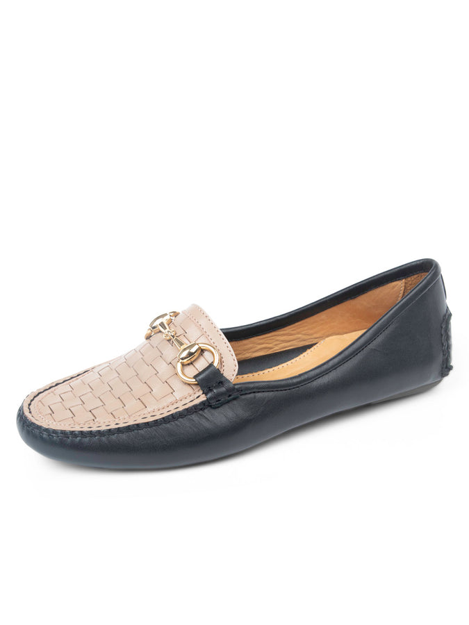 patricia green Patricia Green Women’s Kim Horsebit Woven Driver in Nude/Black Leather