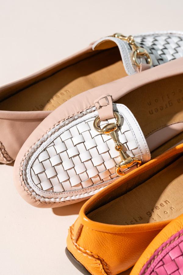 Patricia Green Patricia Green Women’s Kim Horsebit Woven Driver In Blush/White Leather