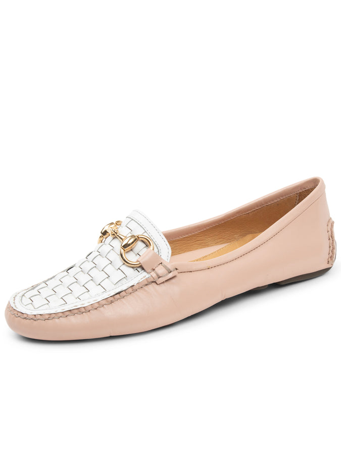 patricia green Patricia Green Women’s Kim Horsebit Woven Driver in Blush/White Leather