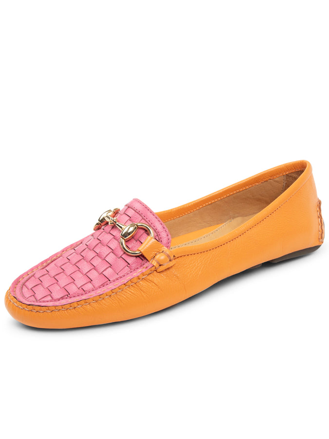 patricia green Patricia Green Women’s Kim Horsebit Woven Driver in Orange/Hot Pink Leather