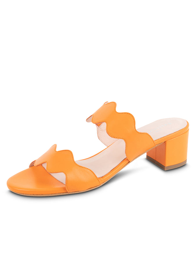 patricia green Patricia Green Women’s Palm Beach Block Heel Scalloped Sandal in Orange Leather