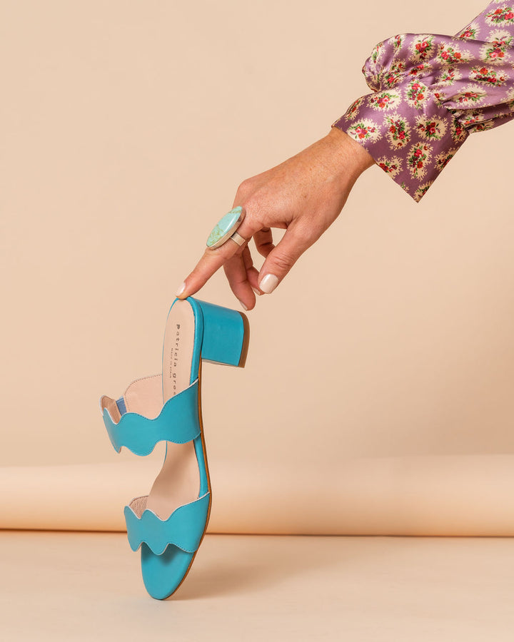 Patricia Green Patricia Green Women’s Palm Beach Block Heel Scalloped Sandal In Turquoise Leather