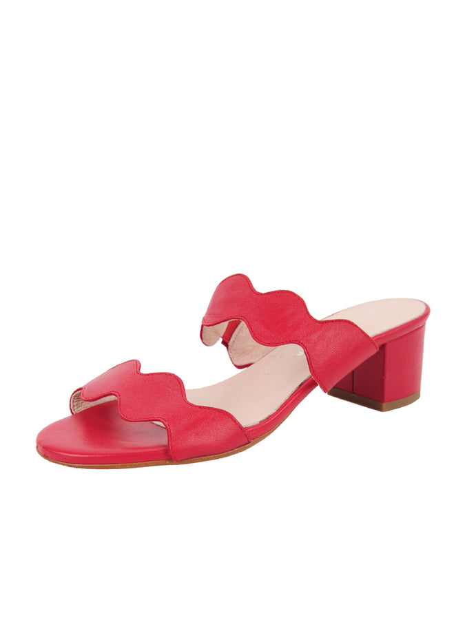 patricia green Patricia Green Women’s Palm Beach Block Heel Scalloped Sandal in Red Leather
