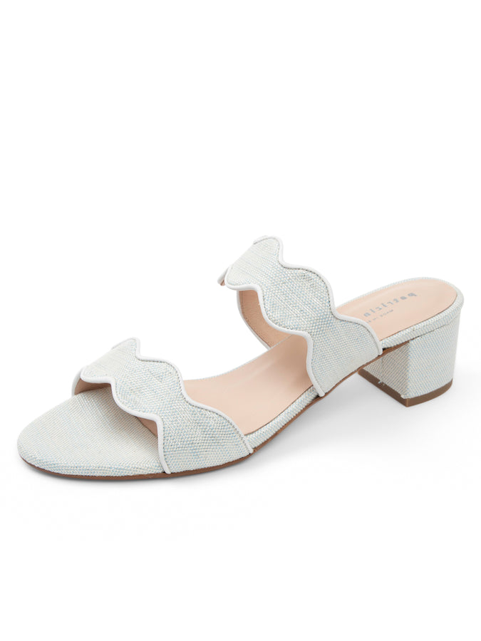 patricia green Patricia Green Women’s Palm Beach Block Heel Scalloped Sandal in Light Blue Linen