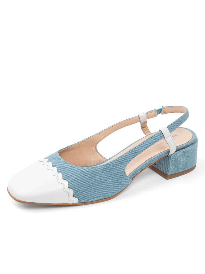 patricia green Patricia Green Women’s Preston Block Heel Slingback in Denim/White