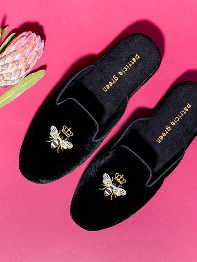 Patricia Green Patricia Green Women’s Queen Bee Embroidered Velvet Slipper In Black Velvet