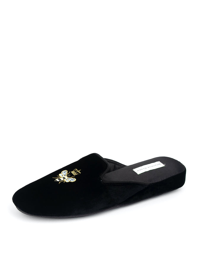 patricia green Patricia Green Women’s Queen Bee Embroidered Velvet Slipper in Black Velvet