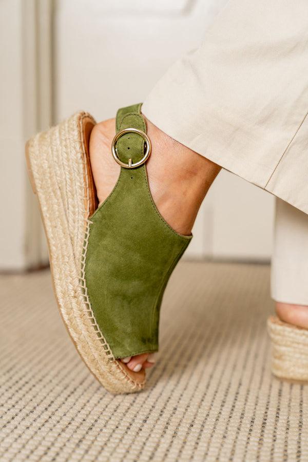 Patricia Green Patricia Green Women’s Stella Peep Toe Espadrille With Buckle In Olive Suede