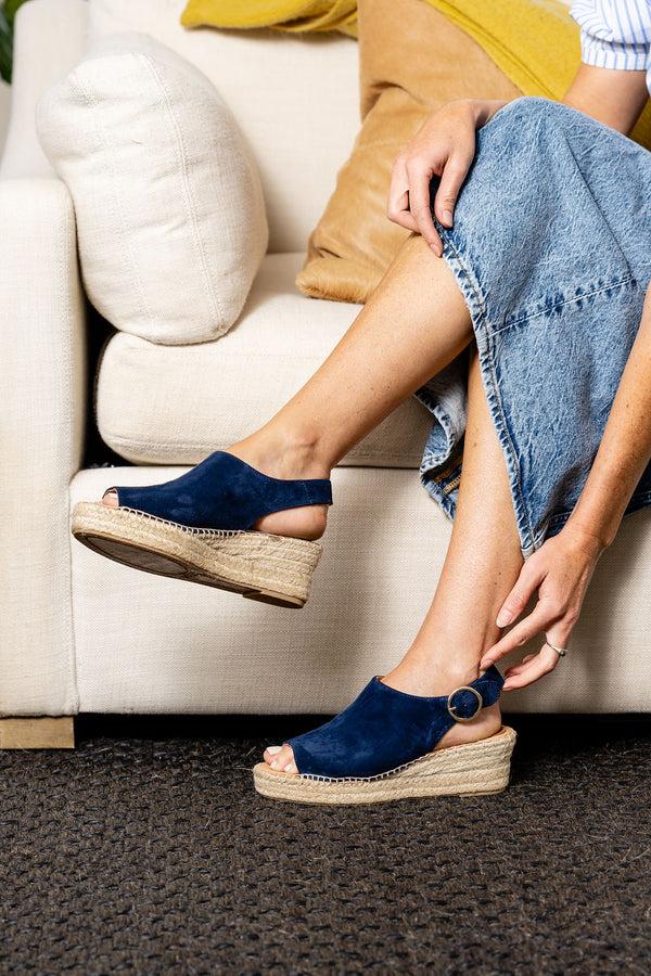 Patricia Green Patricia Green Women’s Stella Peep Toe Espadrille With Buckle In Navy Suede