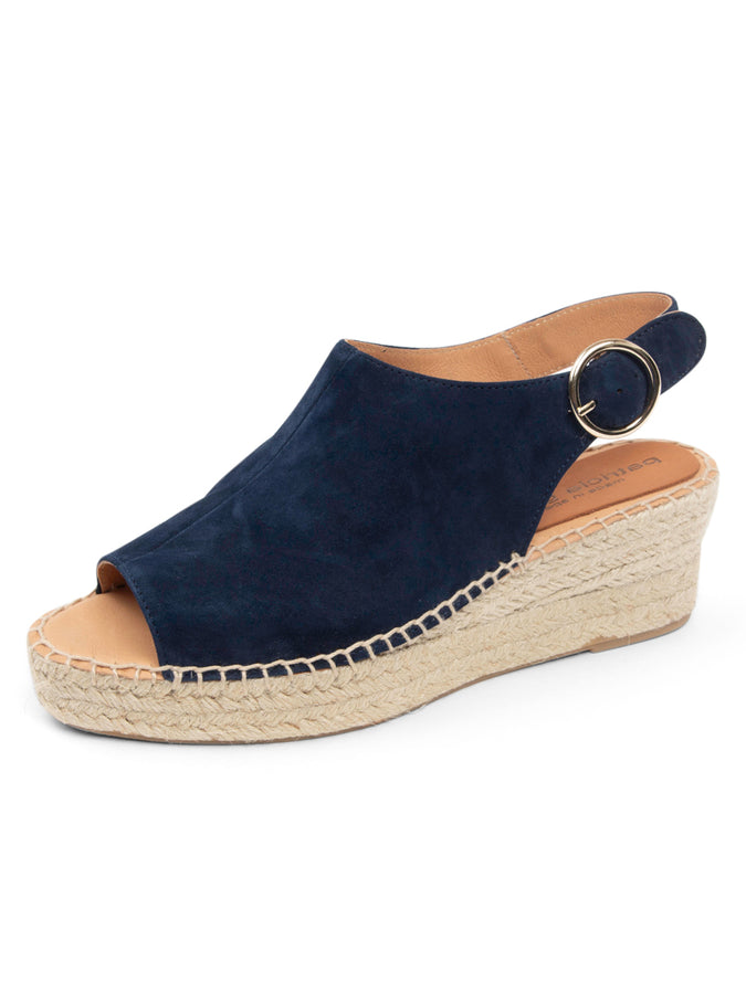 patricia green Patricia Green Women’s Stella Peep Toe Espadrille with Buckle in Navy Suede